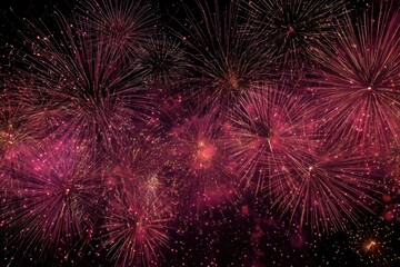 Vibrant pink and gold fireworks exploding in the night sky with sparkling trails and intense bursts, creating a festive celebration atmosphere