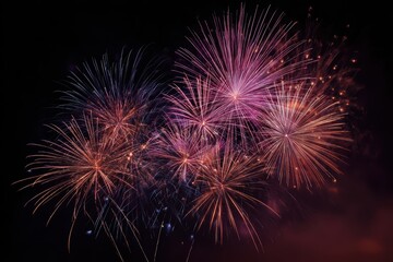 Brilliant fireworks display lighting up the night with purple, pink, and orange bursts, perfect for festivals, New Year’s Eve, and celebrations
