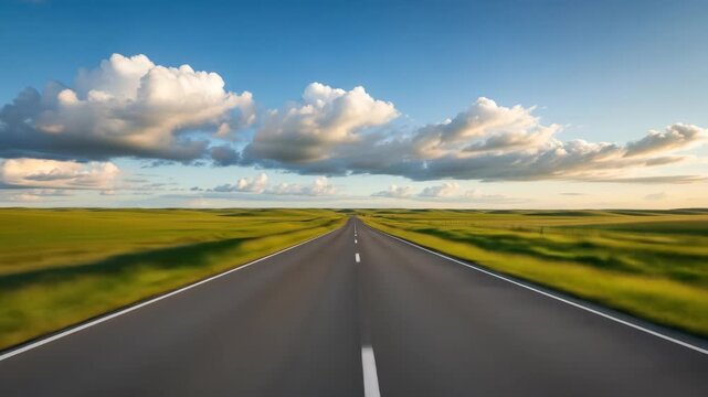Long empty road through blurred green fields under a blue sky with fluffy white clouds
