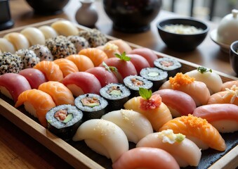 Assorted sushi platter with nigiri and maki rolls on wooden tray