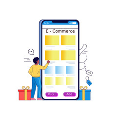 A man using his smartphone to shop online, browsing a product catalog on an e-commerce app. Flat vector illustration of mobile commerce and digital retail