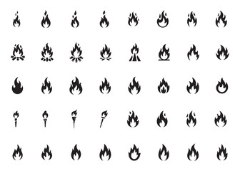 Flame and Fire Icon Set – Campfire, Torch, and Burning Symbol Silhouette Vector Collection