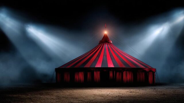 A large red-and-purple striped circus tent illuminated by bright spotlights at night.