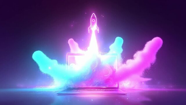 Neon rocket launches from a glowing laptop screen into a violet-pink cosmic glow.