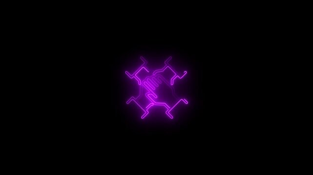 Neon business collaboration animation showing four hands violed colour around Business agreement concept. ,for teamwork   black background 4k video .