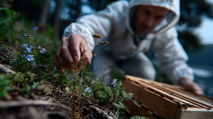 A beekeeper carefully gathers honey from flowering plants while observing the busy bees, highlighting the intricate relationship between nature and beekeeping practices worldwide.