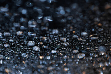 macro close-up of water droplets on a dark background. Mockup for your logo. horizontal wallpaper or web banner.