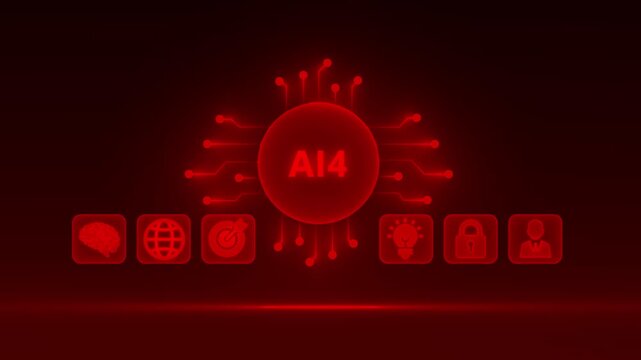 Red glowing digital circuit board with A I4 text in center and icons for brain, globe, target, lightbulb, lock, and person