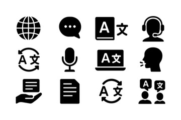 Language and communication icons: translation, global connectivity, and customer support