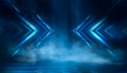 Naklejka na ściany i meble Dark street, asphalt abstract dark blue background, empty dark scene, neon light, spotlights The concrete floor and studio room with smoke float up the interior texture for display products Naklejka na ściany i meble Dark street, asphalt abstract dark blue background, empty dark scene, neon light, spotlights The concrete floor and studio room with smoke float up the interior texture for display products