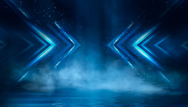 Dark street, asphalt abstract dark blue background, empty dark scene, neon light, spotlights The concrete floor and studio room with smoke float up the interior texture for display products