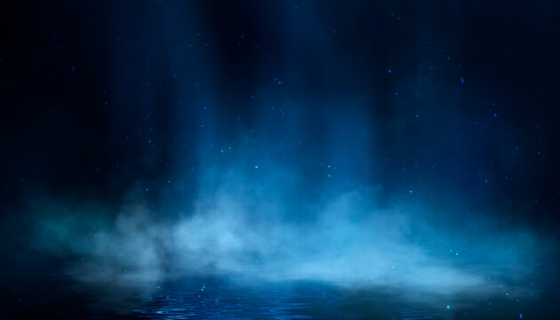 Dark street, asphalt abstract dark blue background, empty dark scene, neon light, spotlights The concrete floor and studio room with smoke float up the interior texture for display products