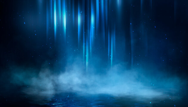 Dark street, asphalt abstract dark blue background, empty dark scene, neon light, spotlights The concrete floor and studio room with smoke float up the interior texture for display products