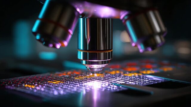 A fluorescence microscope examining a glowing green microarray on a slide.