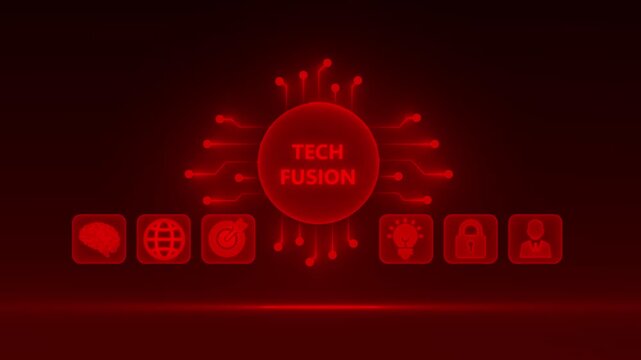 Red Tech Fusion Concept with Circuit Board and Icons for Brain Idea Target Lock and Person technology