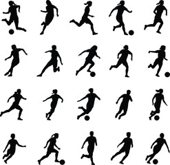 Soccer silhouette grid, football action poses, dynamic player movements, sports icon set, athletic motion, flat vector illustration, black design