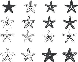 Starfish icon set, marine animal silhouette, ocean life graphic, sea creature illustration, decorative starfish, flat vector illustration
