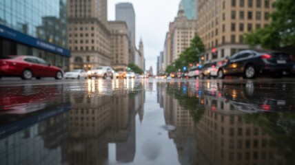 Obraz premium Rainy city street with reflections wet pavement reflecting city buildings perfect for urban background or weather illustration