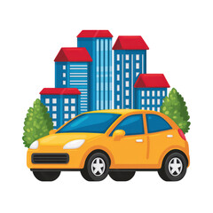 Bright Yellow Car in Urban Environment with High-Rise Buildings. isolated on transparent background.