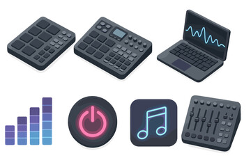 Fototapeta premium Modern Digital Drum Set. Digital Drums flat icons: drum pad, MIDI controller, laptop, waveform, equalizer bars, glowing button, neon note, soundboard