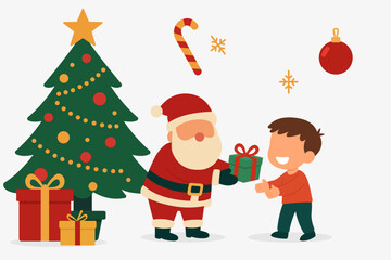 Santa Giving a Gift to a Happy Boy – Flat Cartoon Christmas Illustration