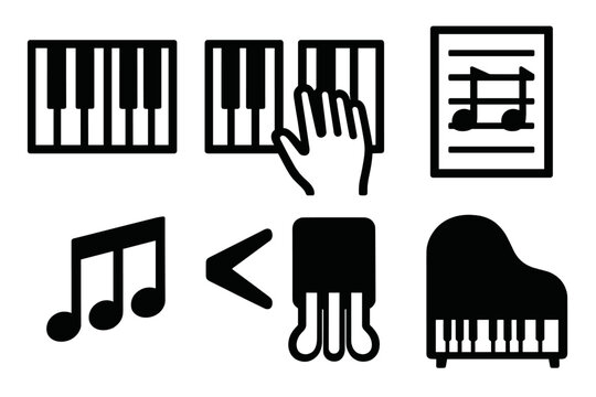 Brutalist Piano Icons. Piano Octave silhouette set: keyboard section, highlighted keys, hand on piano, sheet music, note group, dynamic mark, pedal icon, grand piano