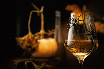 Glass of white wine with spiders in front of dried pumpkin stem and bottle in moody Halloween...