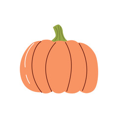 A simple illustration of a round, orange pumpkin with a green stem. The pumpkin has smooth skin and a classic shape, representing autumn and harvest themes.