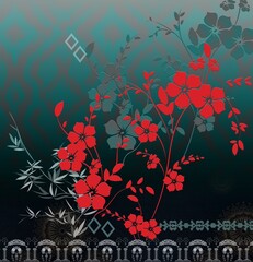 Floral design with red blossoms on a teal and black background