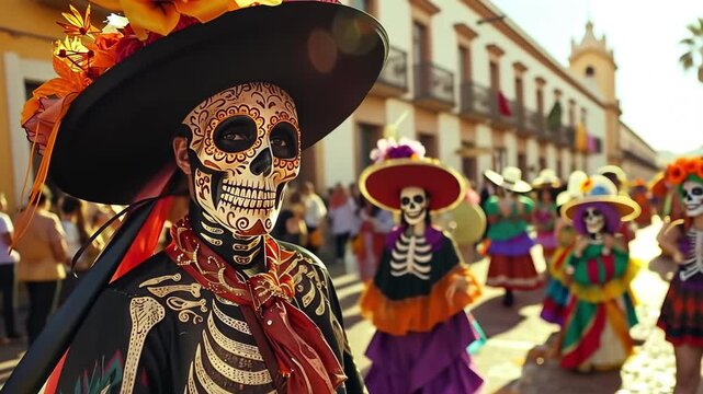 People in colorful Day of the Dead costumes and skull makeup celebrating traditional Mexican festival on city street. Concept of Dia de los Muertos, cultural heritage, holiday parade