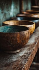 Fototapeta premium Rustic wooden bowls with weathered patina sit in soft focus, showcasing rich textures and earthy tones of handcrafted artisan kitchenware against a vintage wooden surface