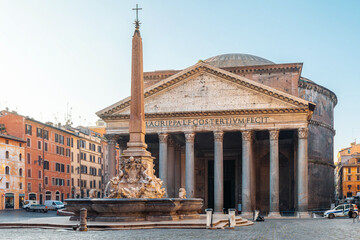 Rome Pantheon in the Rotonda Square, Italy. Piazza della Rotonda with fountain and ancient obelisk at sunrise. Italian architecture. Travel and touristic landmark in Europe