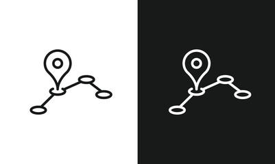 Minimalist Route Line Art Icon, Simple Map with Location Pin and Waypoints, Modern Vector Graphic for GPS Navigation, Travel, and Destination, Black and White Versions.