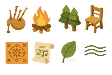 Bagpipes and Podcast Icons. Folk Bagpipes flat icons: wooden bagpipes, campfire, forest trees, rustic chair, folk pattern, music scroll, leaf motif, harmony lines , Podcast Outro