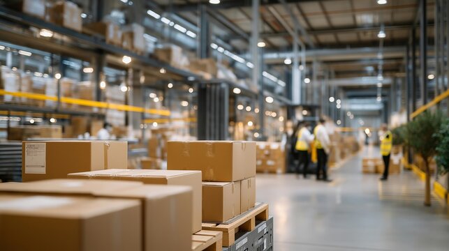 An intern sorts inventory in a retail warehouse with boxes towering, barcode scanners beeping, forklifts humming in the aisles, and workers labeling packages, rendered in a busy photo with