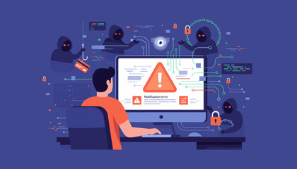 Cybersecurity threat concept: A person using a computer displays a notification error with a caution triangle, surrounded by shadowy hackers in hoodies, one fishing for a credit card, others with