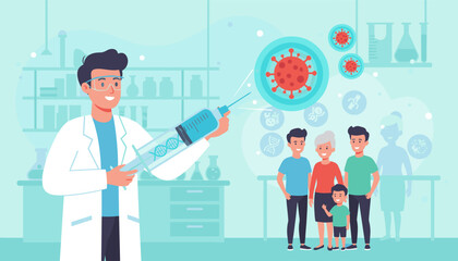 A scientist in a lab coat holds a syringe with DNA inside, aiming to fight the COVID-19 virus, represented by red spheres, with a diverse family standing in the background, symbolizing vaccination