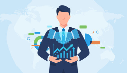 Abstract illustration of a businessman in a suit, symbolizing trust and partnership, with a digital handshake overlay and financial charts, set against a world map background, representing global