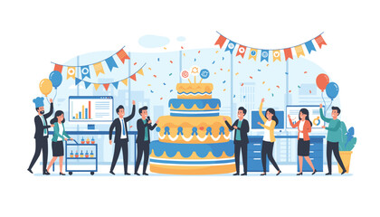 Vibrant business illustration depicting a joyous office celebration with a giant tiered cake, confetti, balloons, and diverse employees in festive attire, symbolizing teamwork and success in a modern