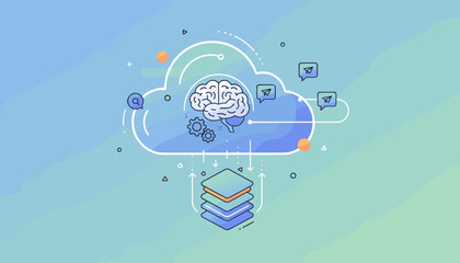 Vivid flat illustration of cloud storage and data processing, featuring a stylized brain with gears inside a cloud, symbolizing artificial intelligence and machine learning, with data transfer icons