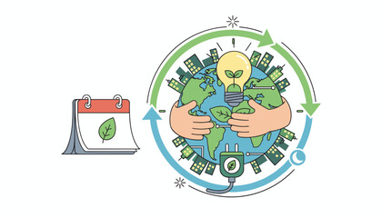 Vivid creative illustration of a calendar with a leaf symbol next to a stylized Earth embraced by hands, featuring a lightbulb with a sprout and a city skyline, symbolizing environmental awareness