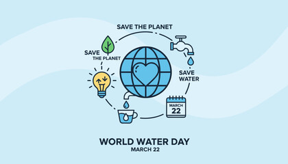 World Water Day concept illustration with a globe showing a heart, a dripping faucet, a calendar marking March 22, a lightbulb, and a leaf, symbolizing saving water and the planet, with text "Save