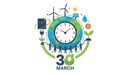 Vivid illustration of Earth with a clock, symbolizing Earth Hour on March 30th, featuring renewable energy sources like wind turbines and solar panels, alongside human connection and environmental