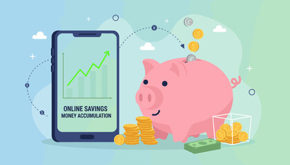 Vivid flat illustration of a large pink piggy bank with coins being deposited, next to a smartphone displaying a rising financial graph, symbolizing online savings and money accumulation in a modern