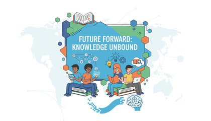 Future Forward: Knowledge Unbound, a vibrant and stylish vector graphic featuring diverse students engaged in learning with technology and books, set against a global map background, symbolizing
