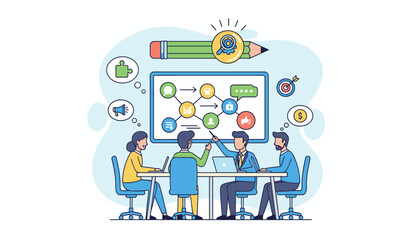 Vibrant vector illustration of a business meeting and brainstorming session, featuring a team collaborating around a table, discussing a flowchart on a large screen, with icons representing ideas