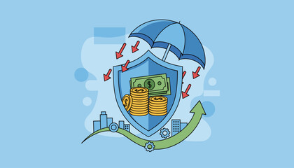 Vivid flat illustration concept of money protection and financial security, featuring a shield with cash and coins under a protective umbrella, with red arrows indicating threats being deflected, set