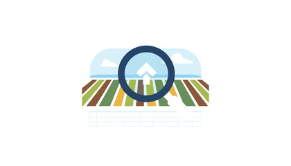 Modern vector illustration of a stylized agricultural field with colorful rows of crops under a blue sky with clouds, viewed through a magnifying glass icon, symbolizing precision agriculture, data