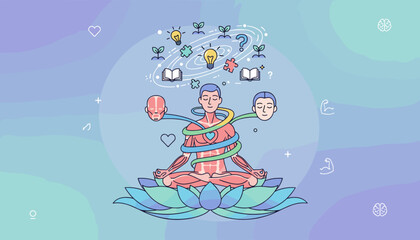 Vivid vector illustration depicting the concept of meditation and holistic health, showing a person in lotus pose surrounded by symbols of growth, ideas, and the human body's interconnectedness