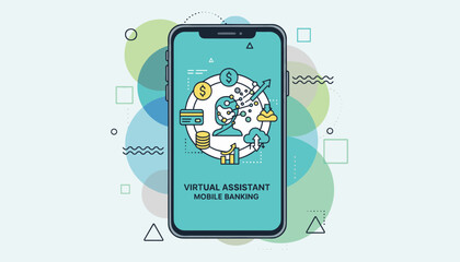 Vibrant vector illustration depicting a virtual assistant integrated with mobile banking services, showcasing financial growth, cloud technology, and secure transactions through a smartphone
